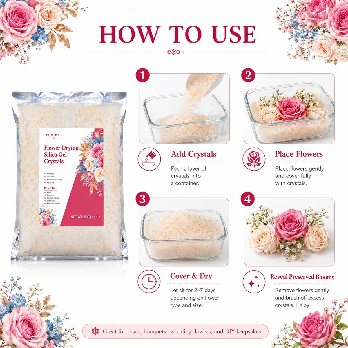 How to use instructions for Flower Drying Silica Gel Crystals for preserving flowers