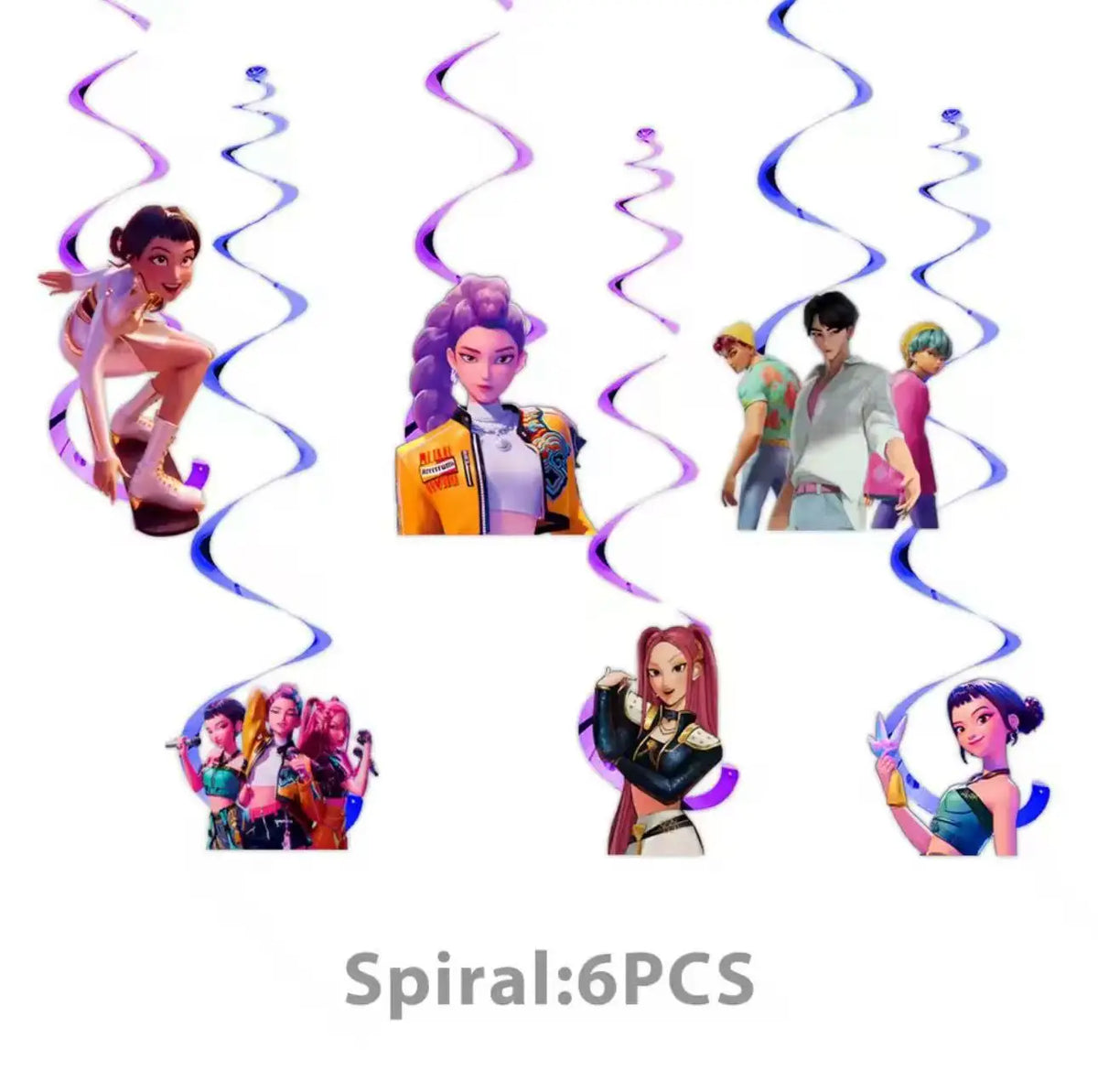 A set of six purple and pink spiraling decorations for a K-Pop themed birthday party.