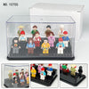 A clear dustproof display case for LEGO minifigures and collectibles, shown with various figures inside.