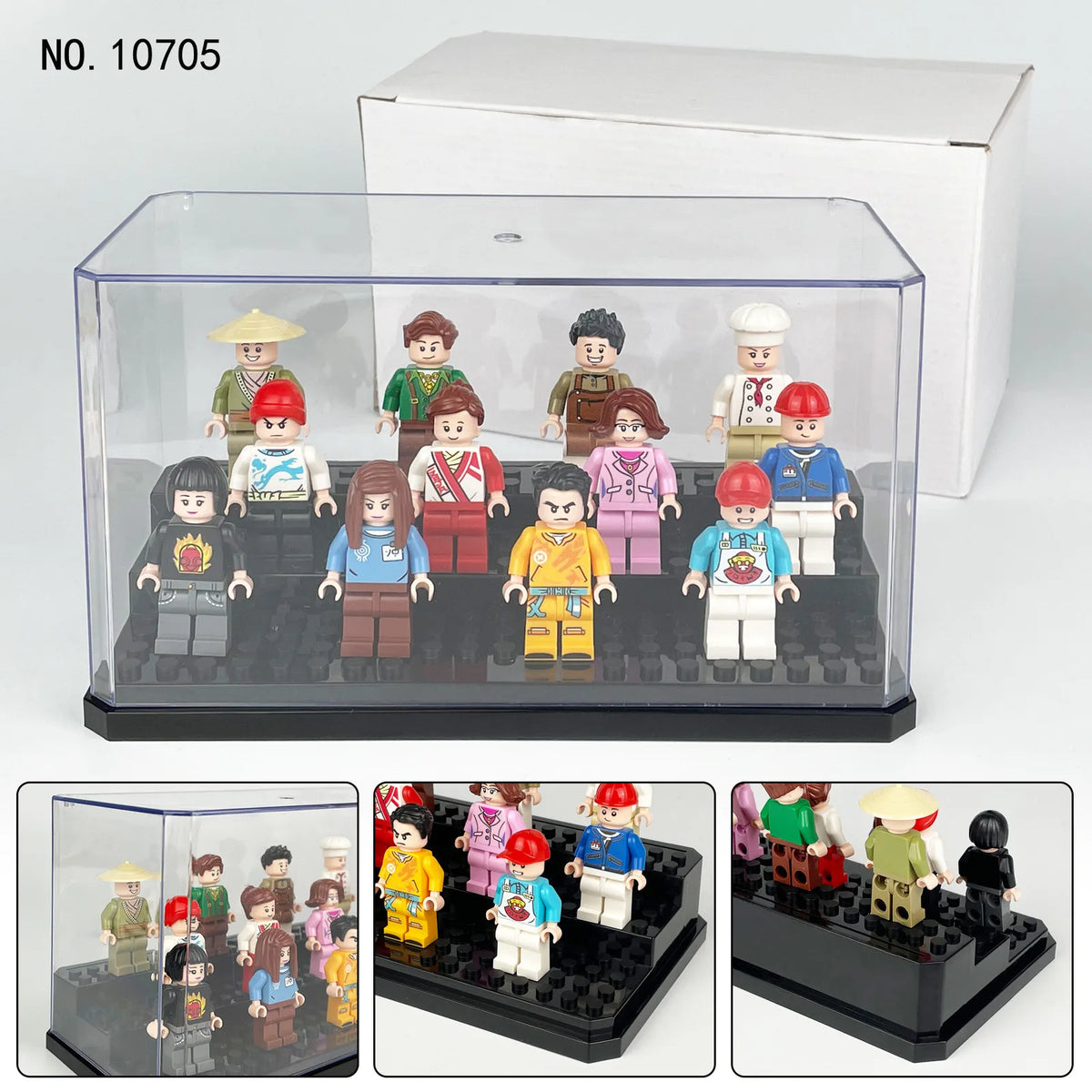 A clear dustproof display case for LEGO minifigures and collectibles, shown with various figures inside.