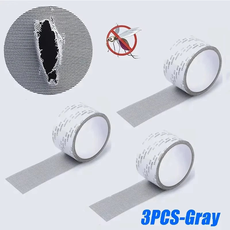 Three rolls of gray heavy duty waterproof window screen repair tape with a diagram showing insect damage.