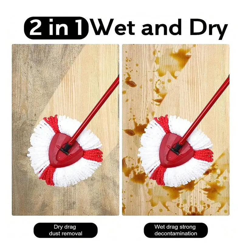 A 2 in 1 wet and dry mop head replacement showing a red microfiber mop head for dust removal and decontamination.