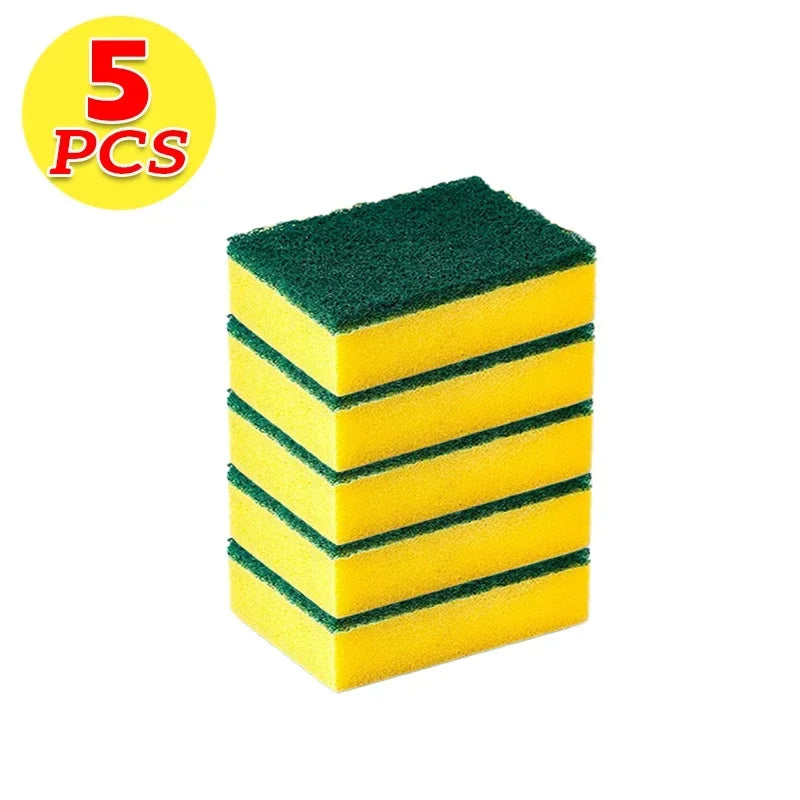 Five green and yellow reusable double-sided kitchen cleaning sponges stacked in a rectangular shape.
