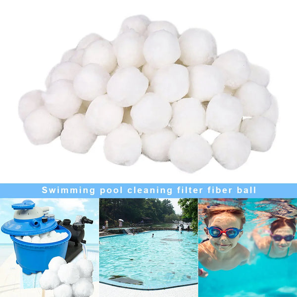 A pile of white swimming pool cleaning filter fiber balls shown next to a blue bucket and water.
