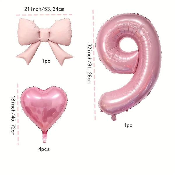 A set of six pink foil balloons, including a bow, a number nine, and a heart shape.