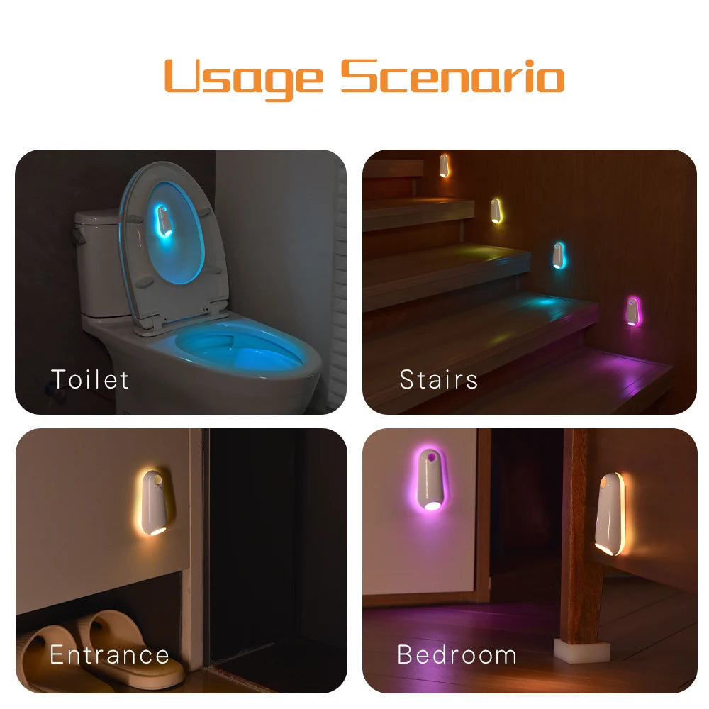 Motion sensor night light illuminating a toilet, stairs, entrance, and bedroom