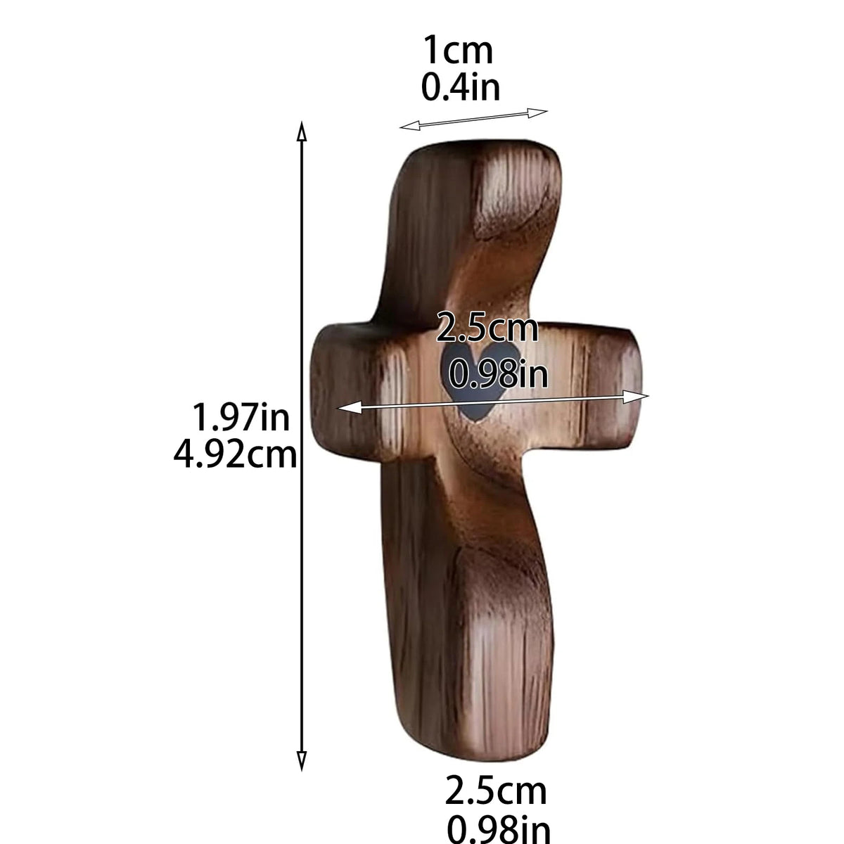 Handcrafted wooden pocket cross with dimensions 1cm thick and 2.5cm tall