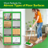 A woman mops a floor with a green mop, demonstrating the product's use on various surfaces.