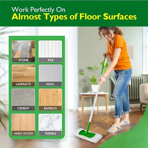 A woman mops a floor with a green mop, demonstrating the product's use on various surfaces.