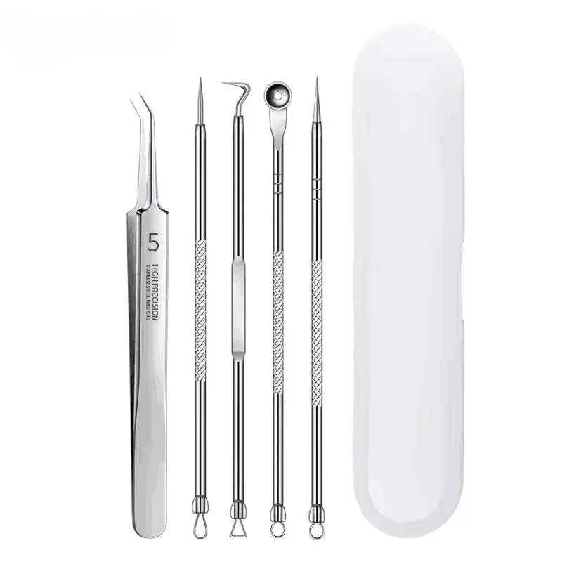 Stainless steel acne and blackhead remover kit with a cylindrical case and several tools