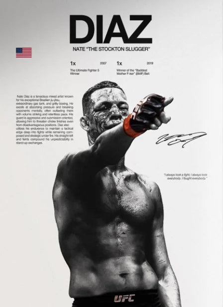 Black and white portrait of Nate Diaz in a fighting stance for a canvas art print.