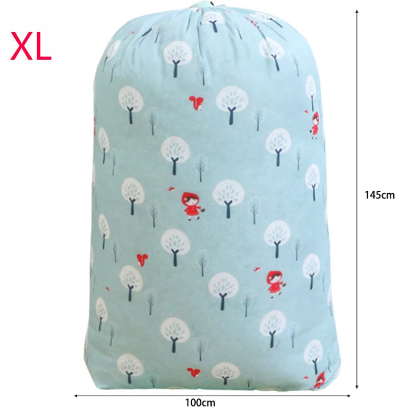 Light blue drawstring storage bag featuring a pattern of white and red trees for laundry or bedding.