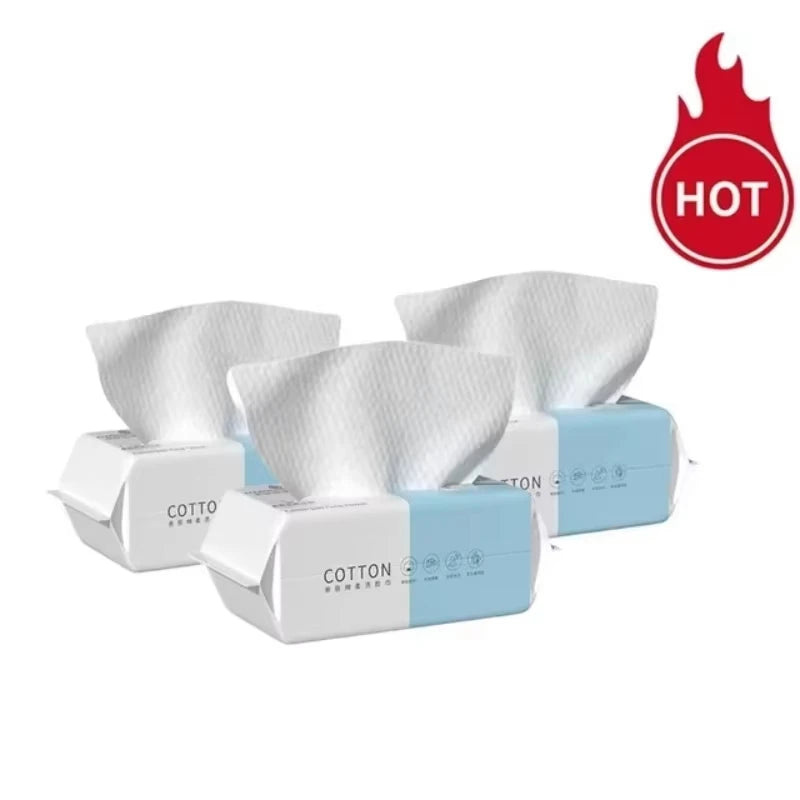 Pack of disposable cotton facial wipes for sensitive skin with a hot warning symbol