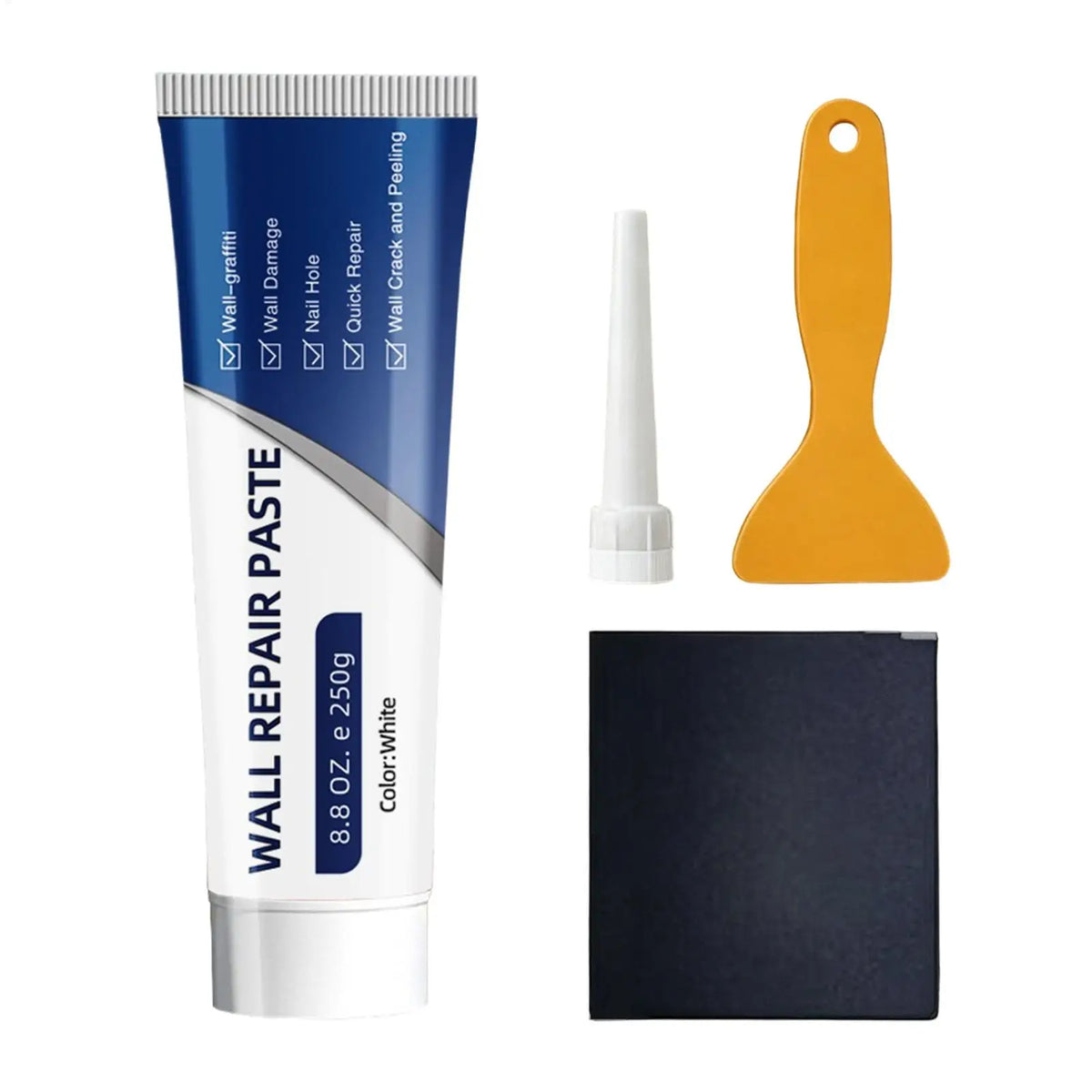 A tube of Wall Repair Paste kit with various tools including a spatula and a black square block.