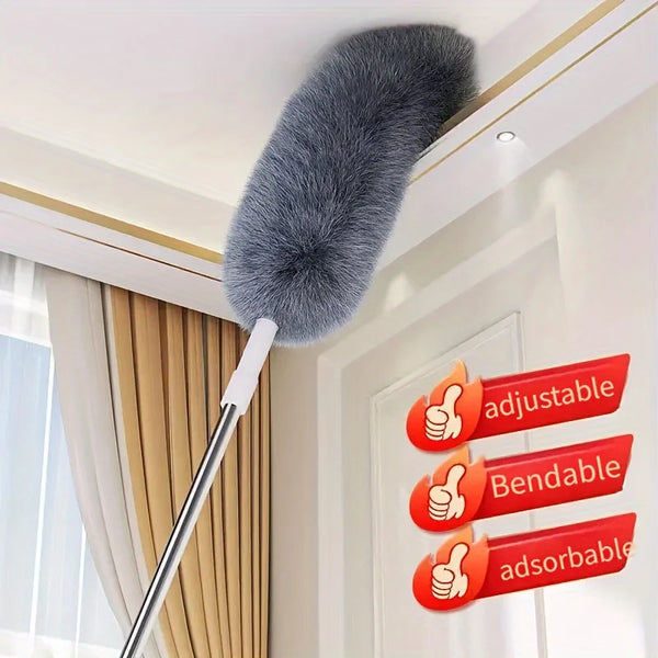 A gray feather duster with a long handle is shown hanging from a ceiling, demonstrating its adjustable and bendable features.