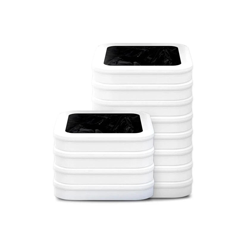 A stack of white reusable refill rings designed for kitchen trash cans.