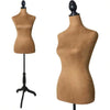 A brown adjustable female dress form mannequin displayed on a black stand.