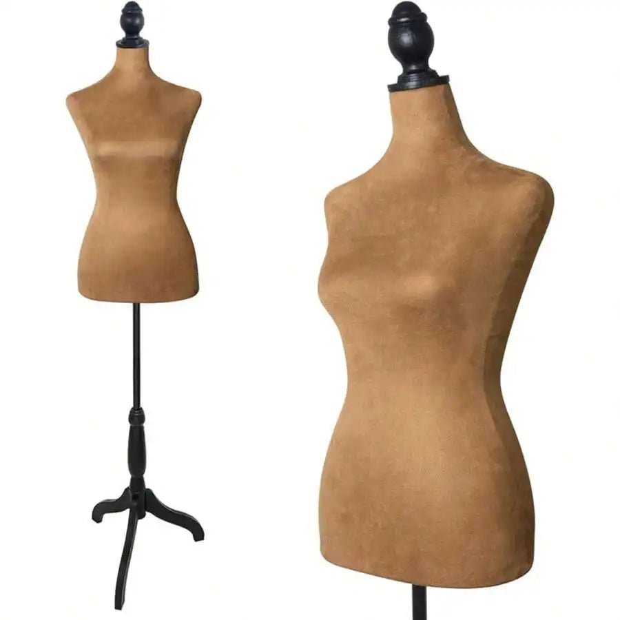 A brown adjustable female dress form mannequin displayed on a black stand.