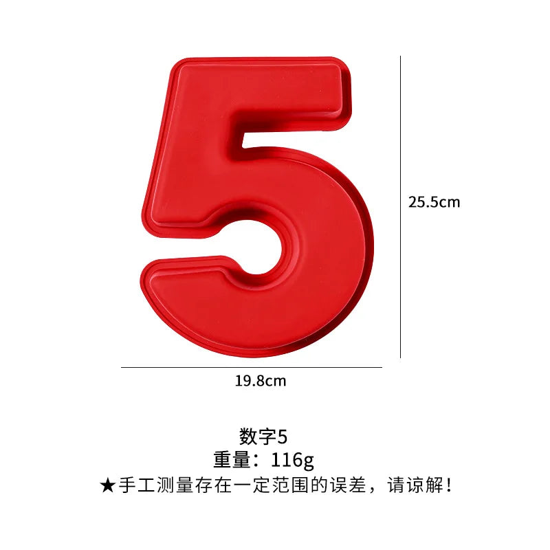 A red silicone number cake mold shaped like the numeral 5.