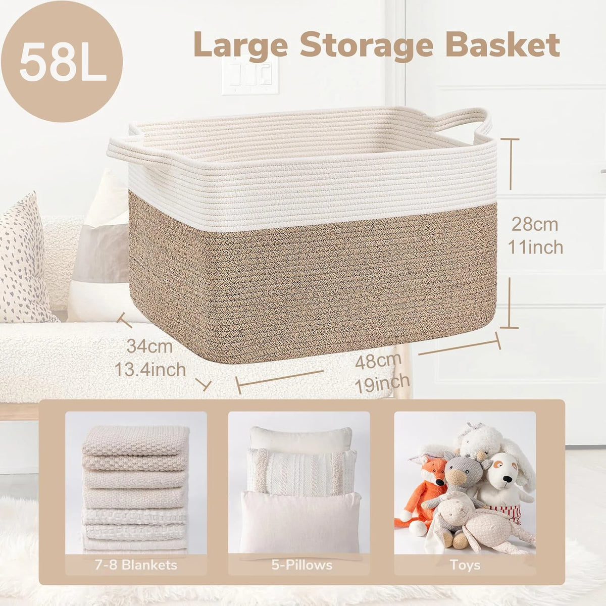 Large storage basket made of woven cotton in beige and cream colors shown next to various items like blankets, pillows, and t