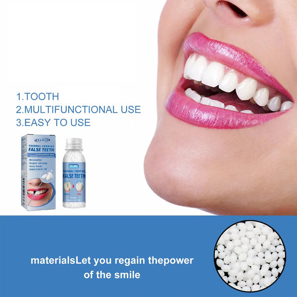 Close-up of a person smiling showing white resin false teeth for temporary fillings