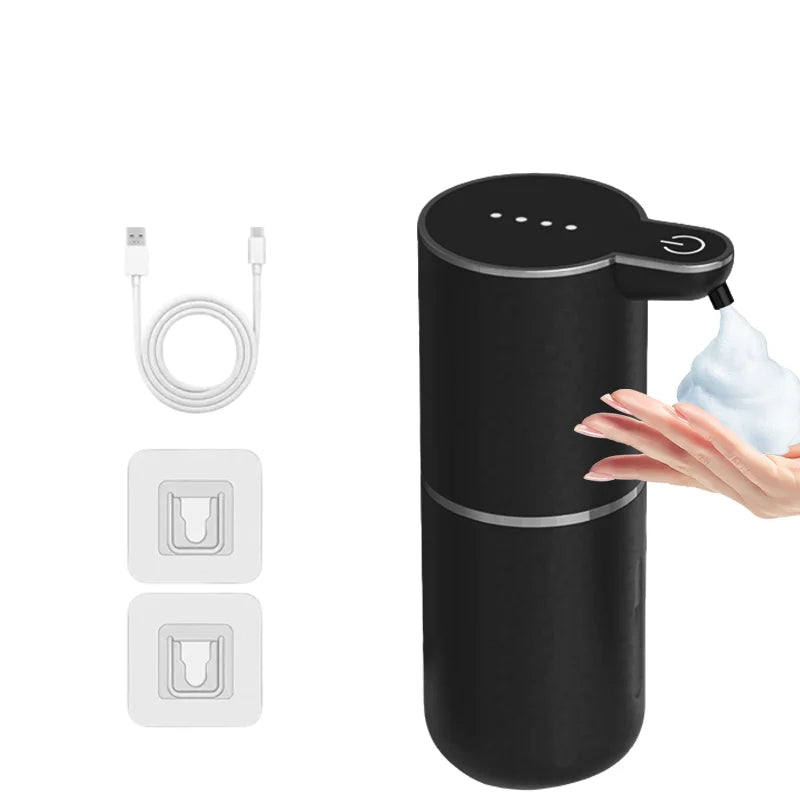 Dispensador automático recargable de jabón negro con bomba y botella blanca.