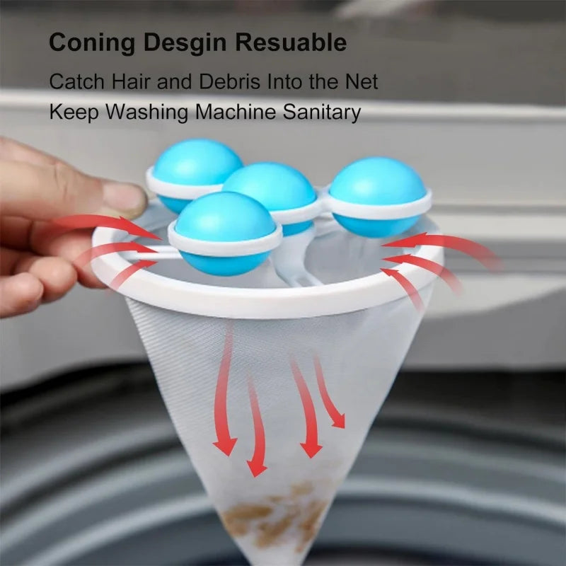 A hand is shown placing blue lint filter balls into a white conical mesh bag for use in a washing machine.
