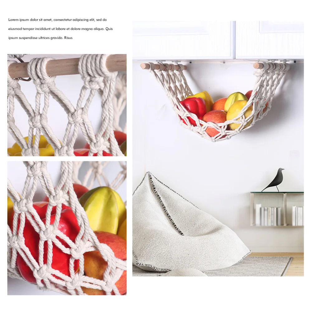 Macrame hanging fruit hammock made of cotton, displaying various colorful fruits like apples and lemons.