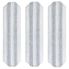 Three white microfiber flat mop head refills with gray stripes shown side by side.