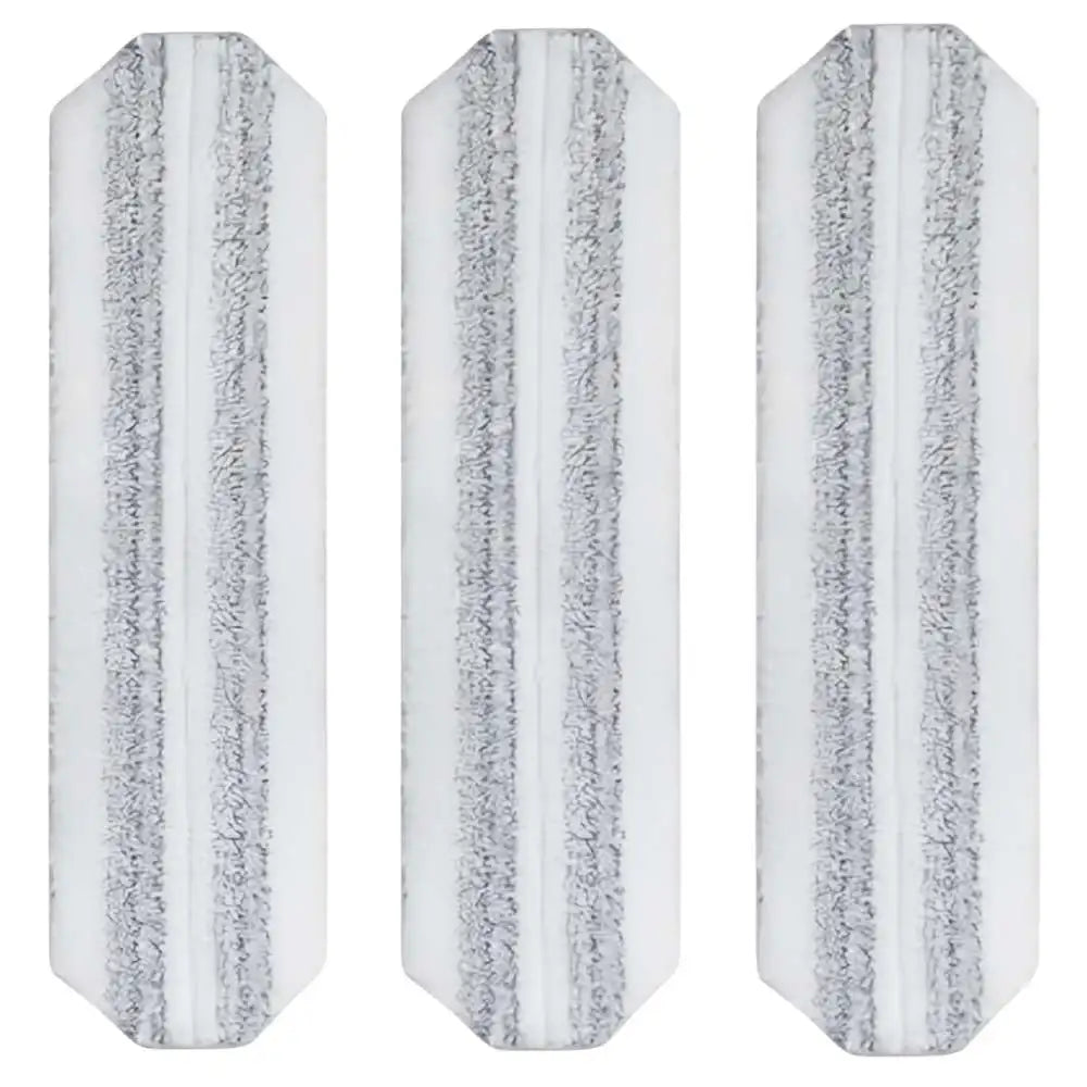 Three white microfiber flat mop head refills with gray stripes shown side by side.