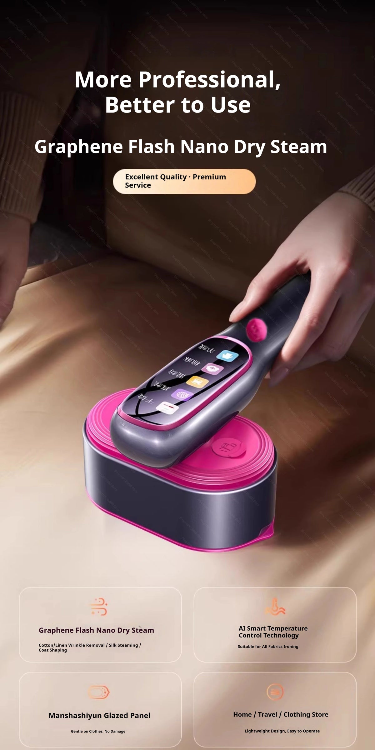 Une main tient un fer vapeur portable pour vêtements en graphène violet et noir.