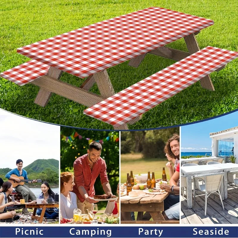 A set of red and white plaid tablecloths shown in various outdoor contexts including picnic, camping, party, and seaside dini