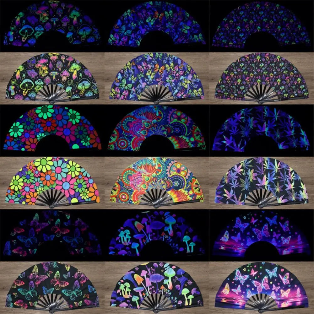 A collection of holographic gradient rave hand fans displaying various vibrant colors and patterns.