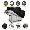 A black heavy-duty grill cover is shown open, featuring UV protection, waterproof, dust-proof, and wind-proof qualities.