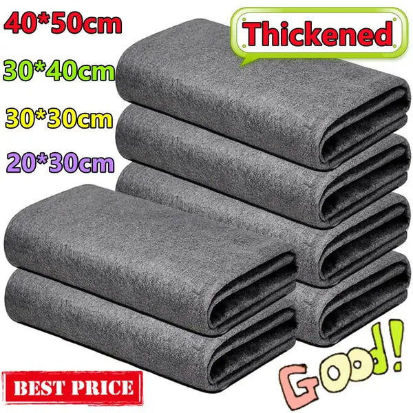 Stack of gray thickened reusable microfiber cleaning cloths in various sizes