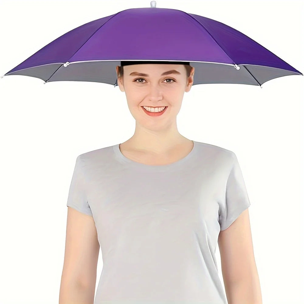 A woman wearing a purple head-mounted umbrella hat for sun and rain protection.
