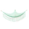 A turquoise plush animal hammock storage net with dangling strands.