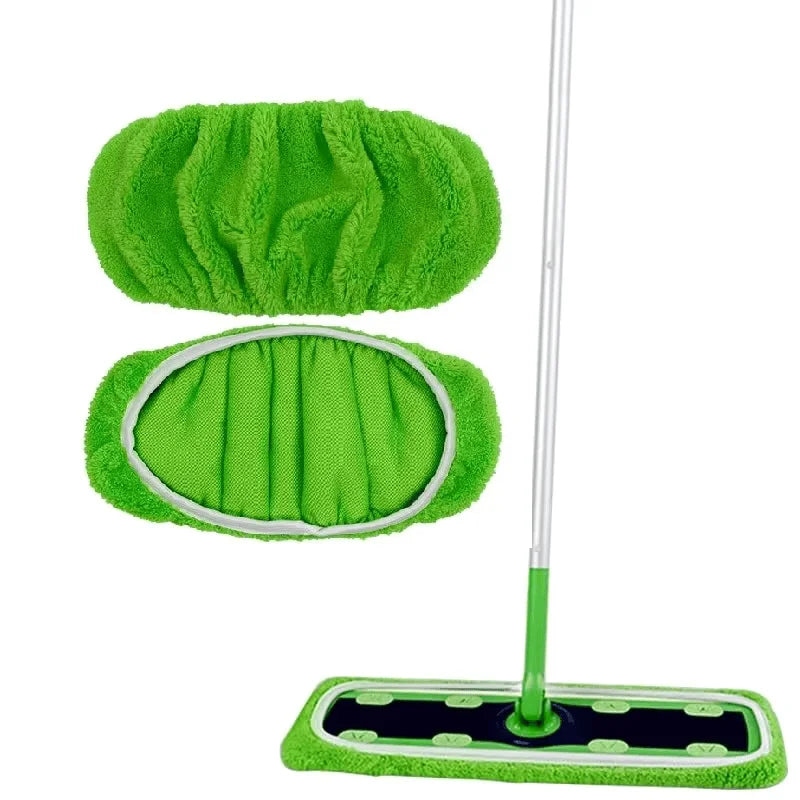 Reusable microfiber mop pads with green and white accents for floor cleaning