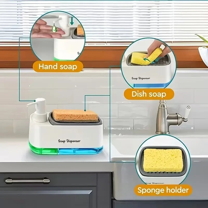 Ensemble distributeur de savon de cuisine 3-en-1 : liquide vaisselle, liquide vaisselle et support à éponge.