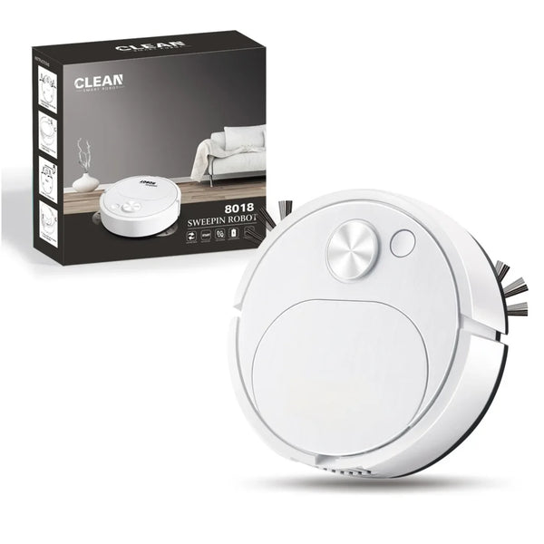 A white 3-in-1 smart robotic vacuum cleaner is shown next to its packaging box.