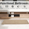 A beige waffle weave bathroom rug is displayed on a light marble floor in a modern bathroom setting.