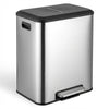 A modern stainless steel dual compartment trash can with a black lid.