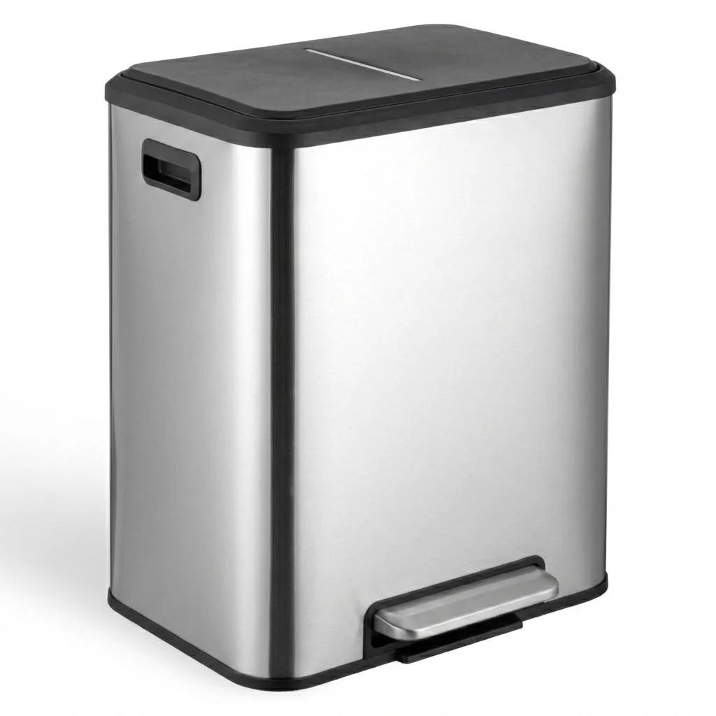 A modern stainless steel dual compartment trash can with a black lid.