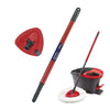 A red mop handle and base set with a white mop head shown against a white background.