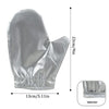 Silver heat resistant garment steamer mitt with a ribbed cuff and interior view shown.