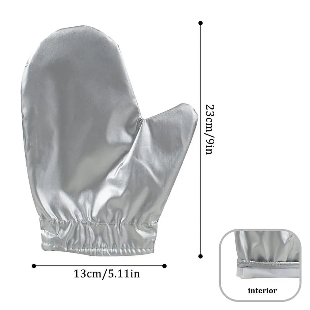Silver heat resistant garment steamer mitt with a ribbed cuff and interior view shown.