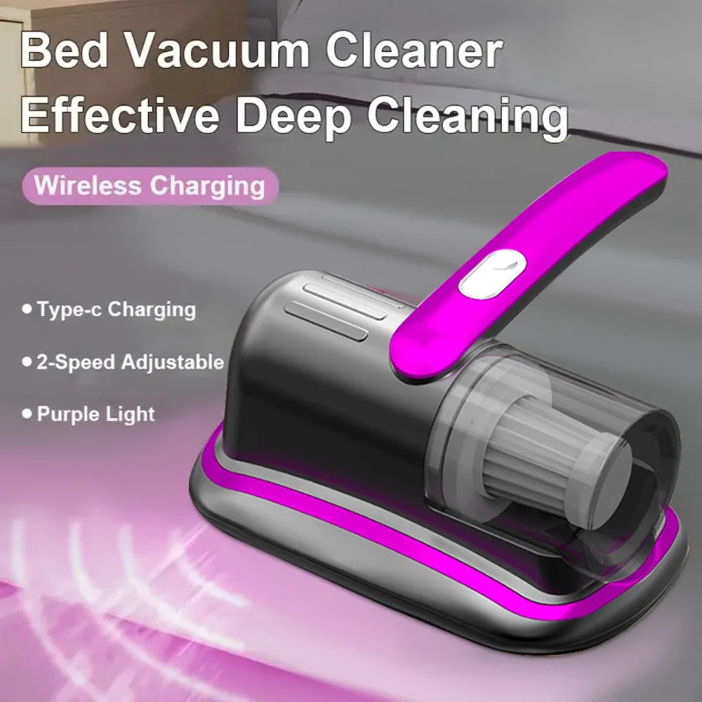 A purple and silver cordless bed vacuum cleaner device shown in a close-up view
