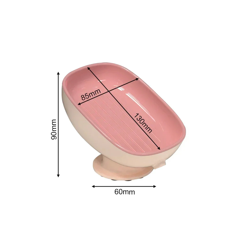 Pink heavy duty suction cup soap dish with drainer featuring ribbed texture and measurements.