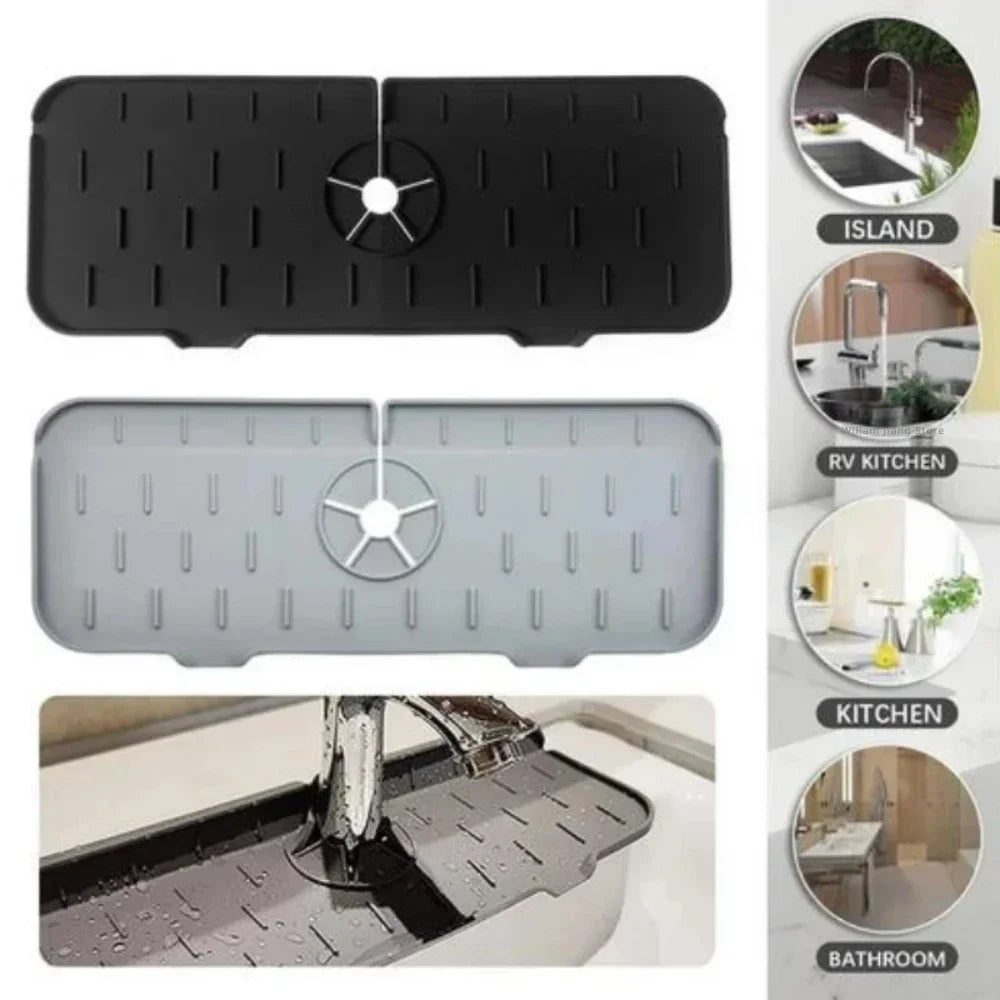 Black silicone kitchen sink drainer and splash guard mat shown in various forms and usage contexts.
