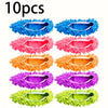 Ten brightly colored, fluffy dust-absorbing slippers for floor cleaning in various shades of blue, pink, orange, purple, and 